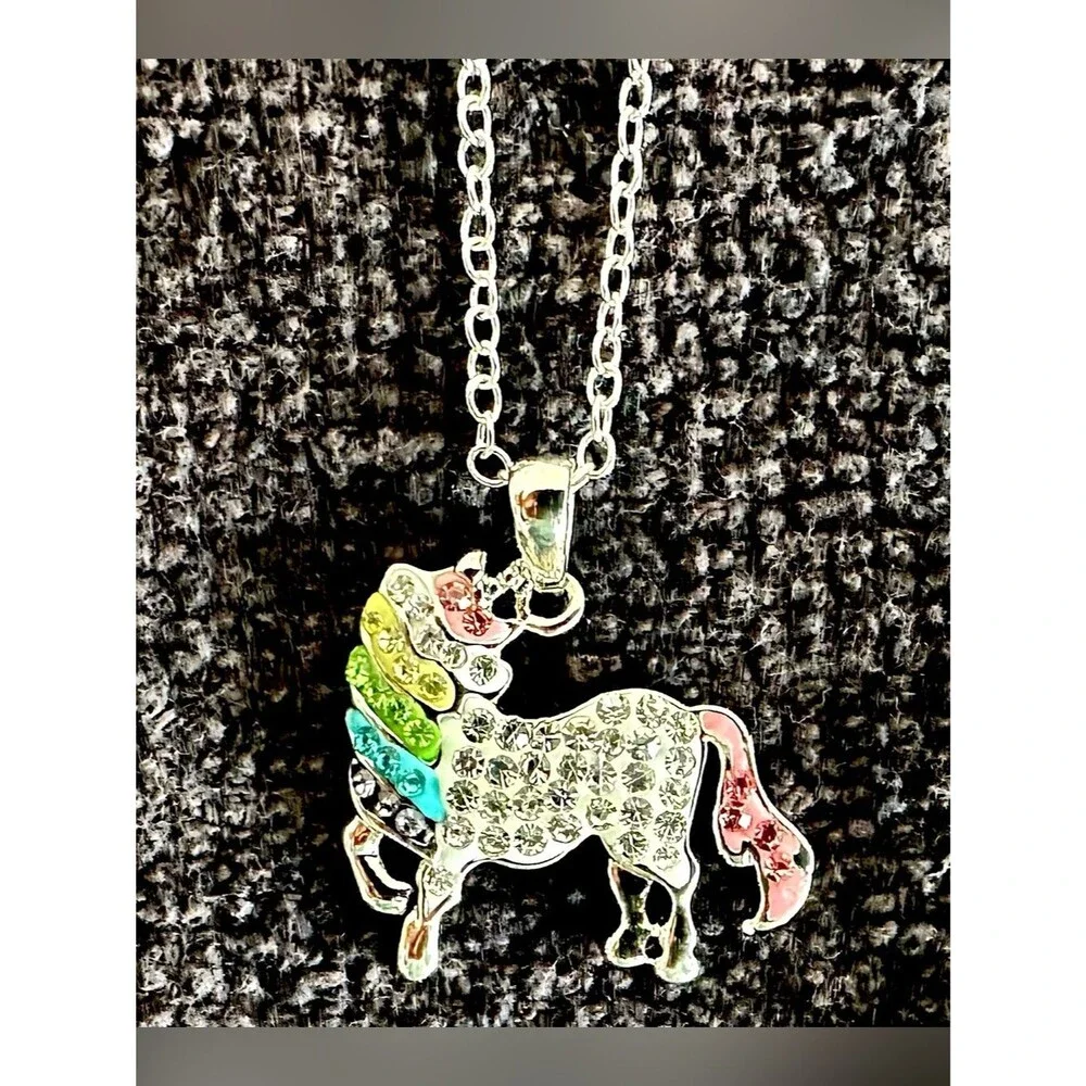 Rainbow Unicorn Rhinestone Necklace & Adjustable Bracelet Set – Silver Jewelry